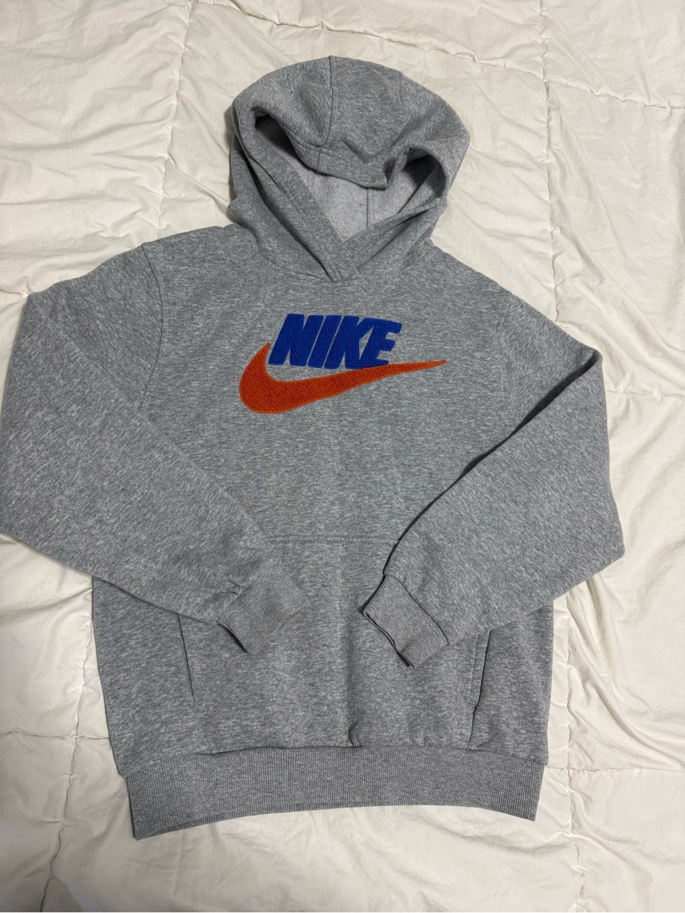 Nike youth Gray Hooded Sweatshirt with Blue Logo and Orange Swoosh